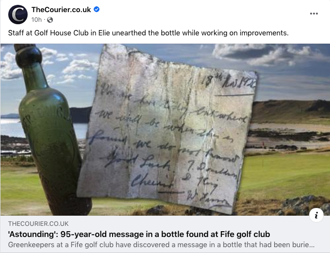 Greenkeepers find 95-year-old buried message